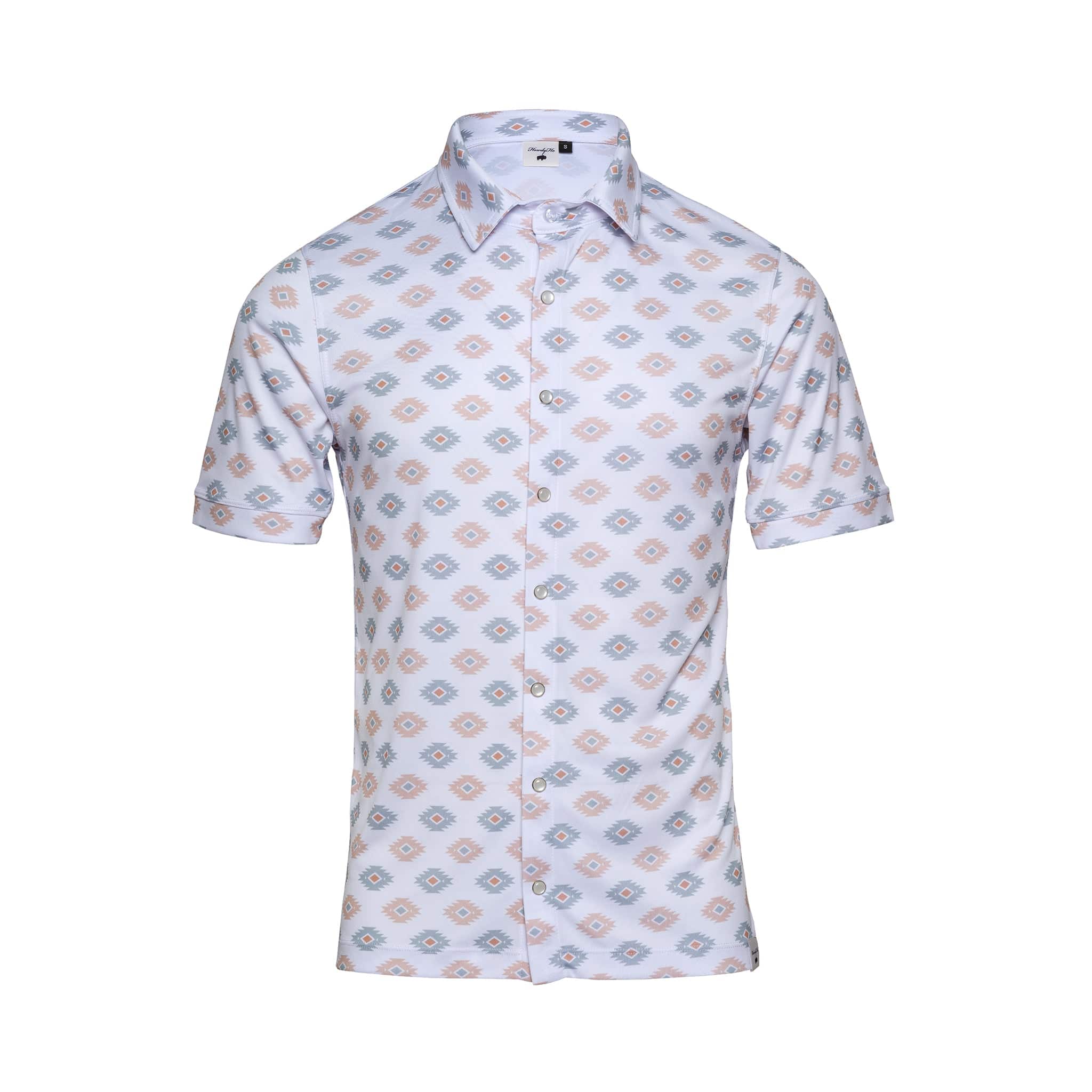 Product image for the 'Azure Earthshine' short-sleeved shirt, available on howdy-ho.com. The shirt features an azure and beige diamond-shaped pattern, a classic pointed collar, and a button-down front. The design is showcased on a pure white background to emphasize the intricate pattern and casual style of the shirt.