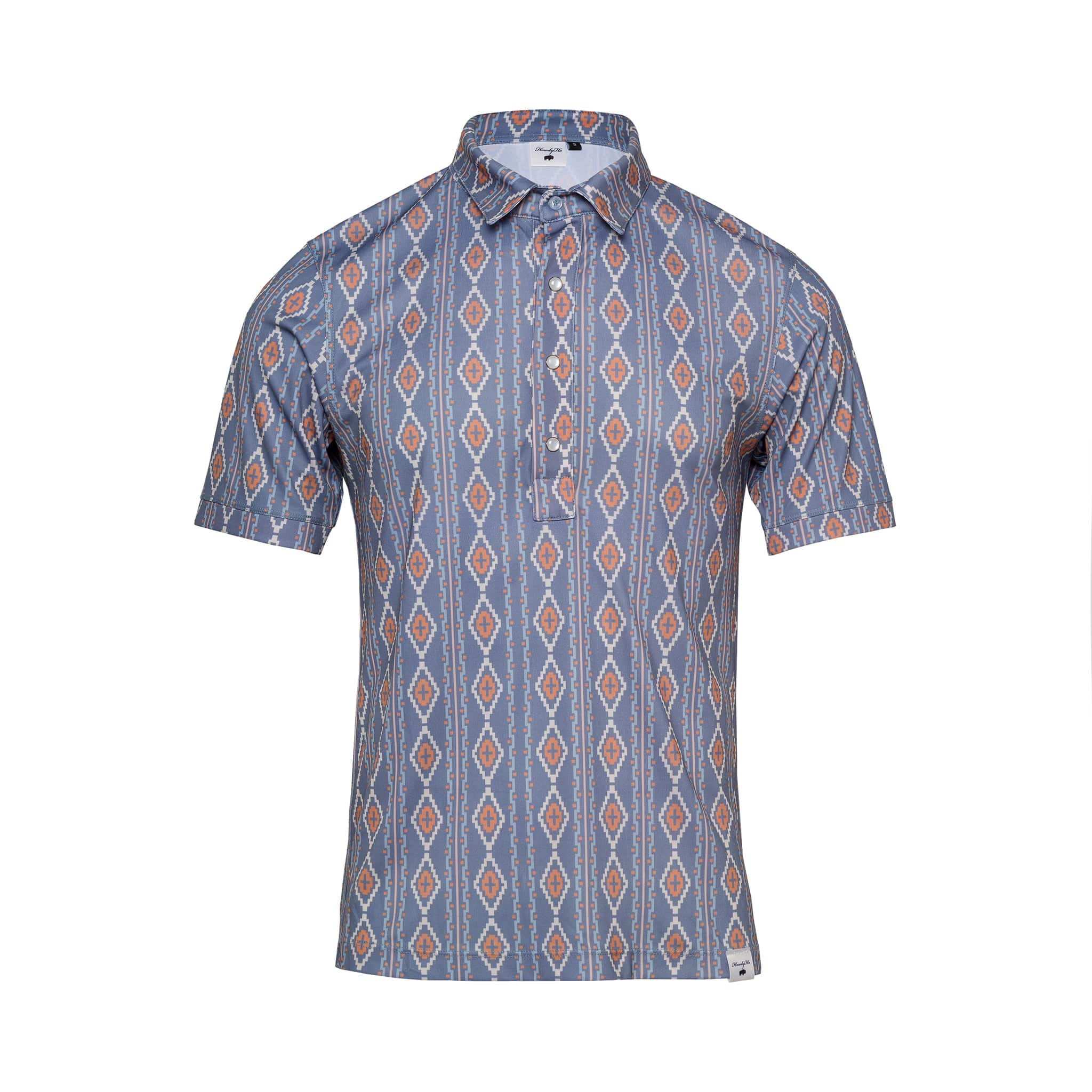 This is the HowdyHo Aztec Brown Blue short-sleeved shirt, showcased against a clean white background. It features a bold, masculine Aztec pattern in shades of brown, blue, and white. The shirt's structured collar, sturdy buttons, and tailored fit make it a smart choice for men seeking a strong, adventurous look with a cultural flair.