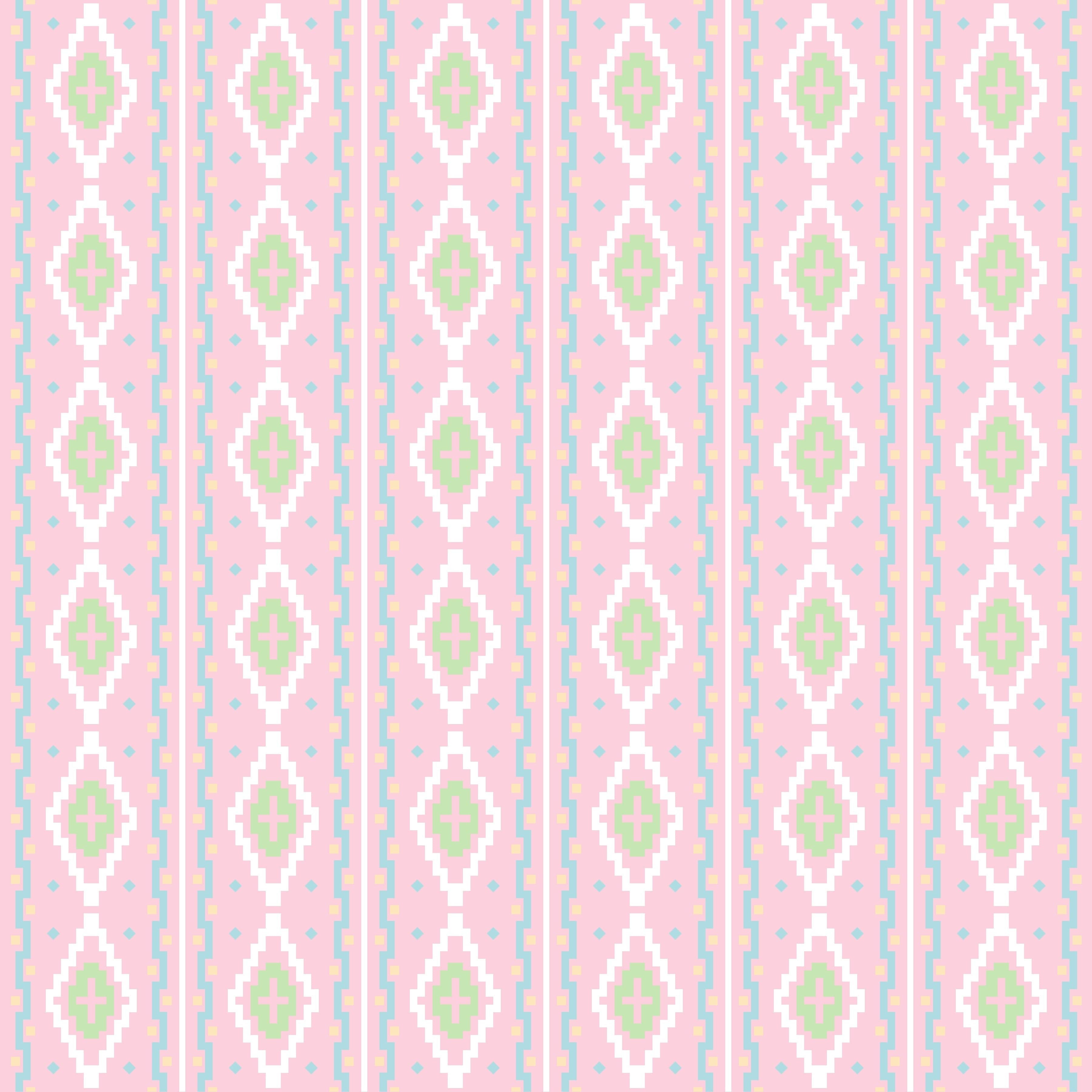 Detailed view of the Rose Quetzal fabric from HowdyHo, displaying a charming vertical striped pattern with delicate diamond and floral motifs in soft pink, green, and white hues, set against a pale pink background. This textile pattern exudes a vintage-inspired charm, ideal for a unique and fashionable clothing piece.