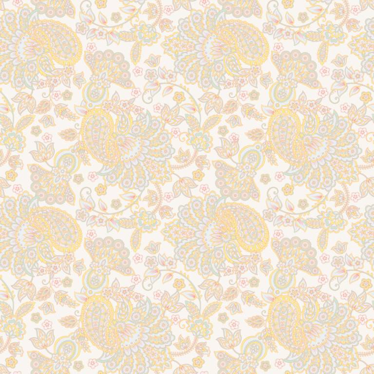 Zoomed-in view of HowdyHo's Sunshine Paisley fabric pattern, highlighting the robust and detailed design of intertwining paisleys and florals. The print features a strong yet balanced color scheme of warm yellows, soft greys, and hints of pastel tones on a light background, embodying a masculine and traditional aesthetic with a modern twist.