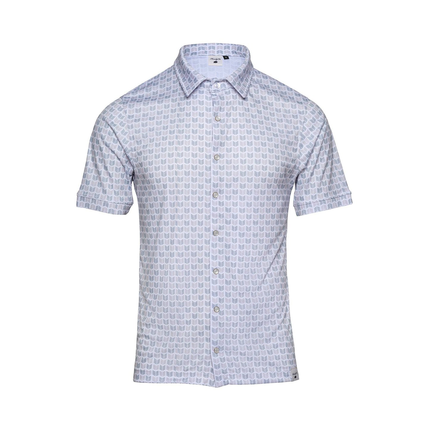 Men's button-down shirt from Howdy-Ho, named 'Arctic Sky Arrows.' Features a distinctive pattern of rhythmic arrows in various shades of grey, creating a serene and modern twist on traditional Western design. Tailored for a blend of sharp style and comfort, ideal for the fashion-conscious man.