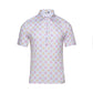 A HowdyHo Sunset Crossroads shirt is displayed against a white background, featuring a light-hearted pattern of pink and yellow sunbursts on a crisp white fabric. The shirt's short sleeves, classic collar, and front button closure make it a playful yet elegant choice for warm weather, embodying the laid-back spirit of a sunset in its design.