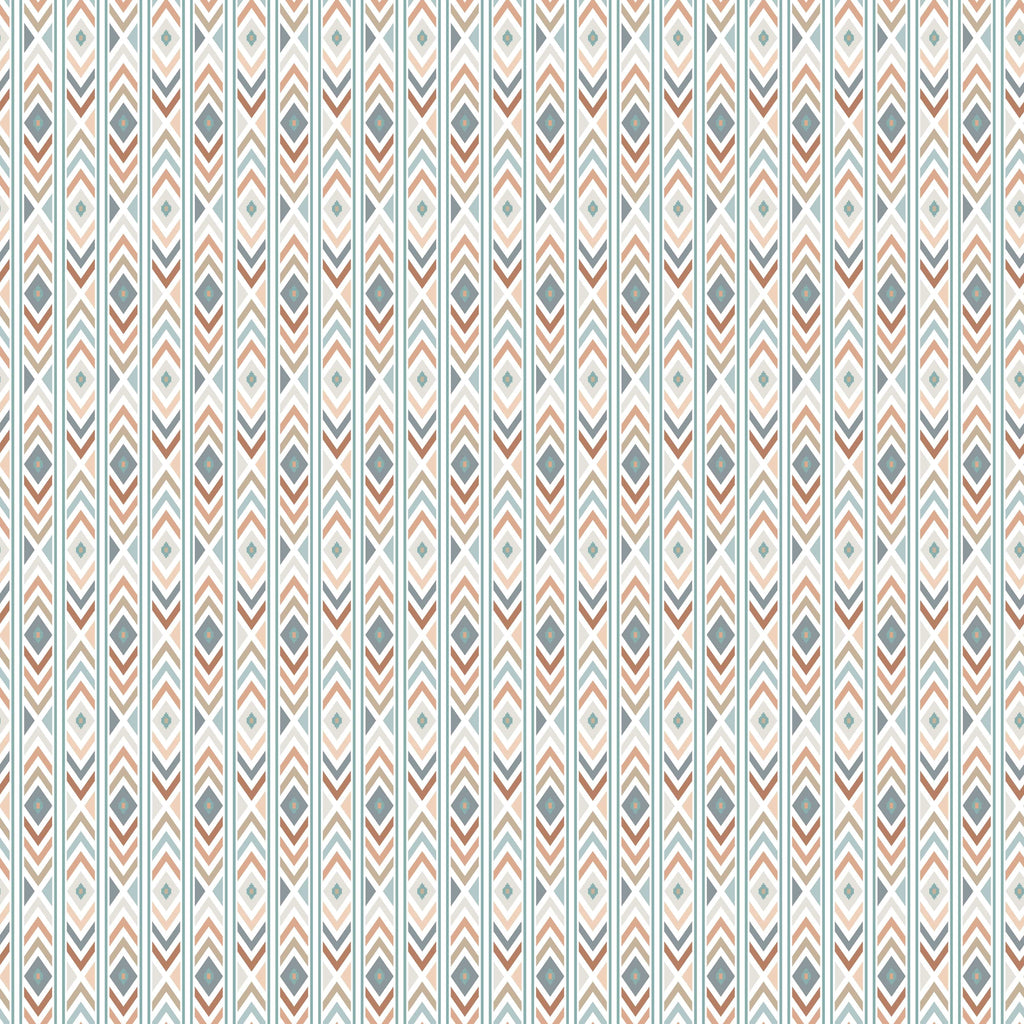 Close-up view of the distinctive Aztec Fusion fabric pattern available at HowdyHo, featuring vertical stripes with intricate geometric designs. The pattern includes a harmonious mix of muted tones that combine cream, soft browns, and blues, creating a sophisticated and timeless print for fashion-forward individuals.