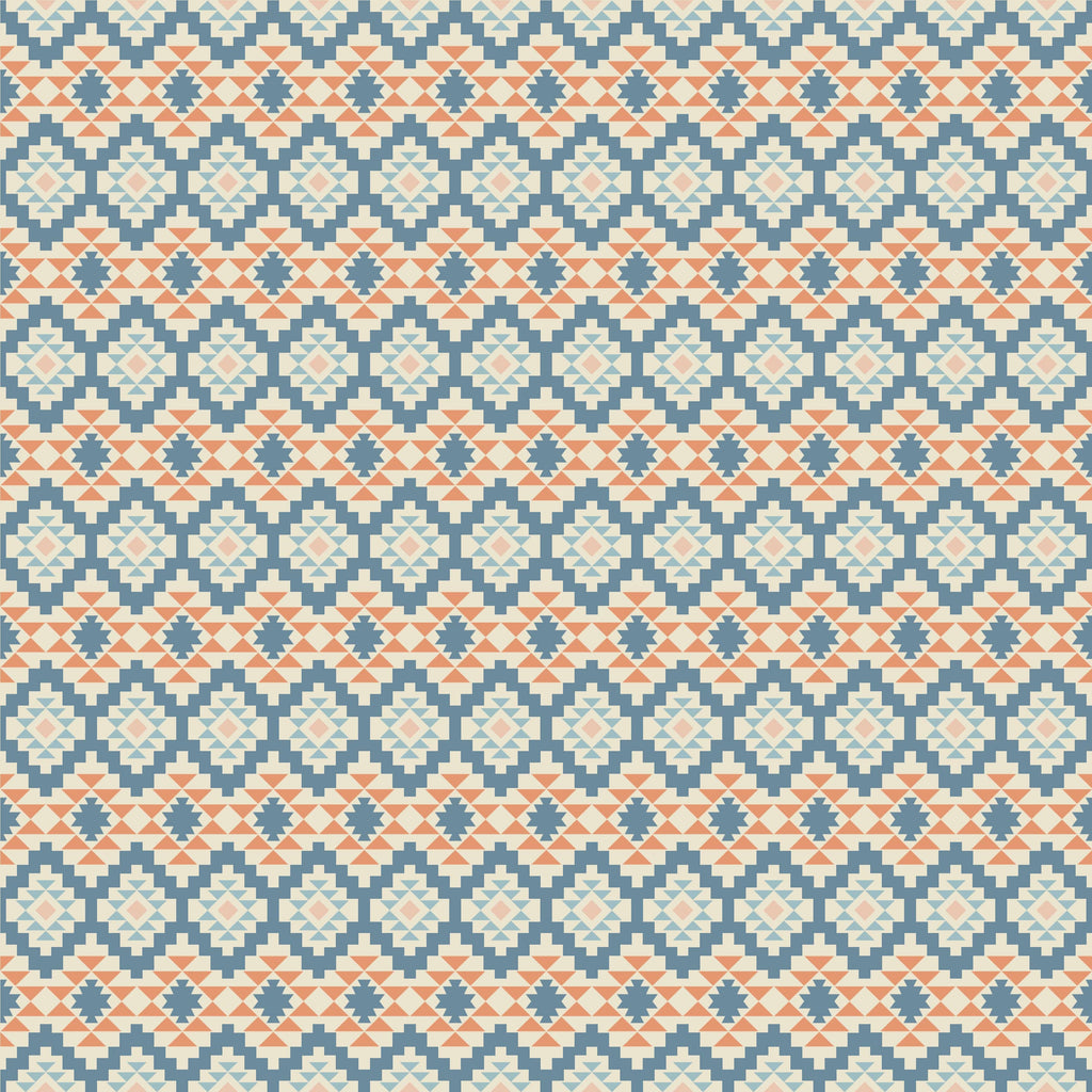 The Aztec Twilight pattern from HowdyHo showcases a vibrant and detailed Aztec-inspired print. The repeating geometric shapes in cool shades of blue are accented with warm orange touches, creating a visually striking design that evokes the beauty of twilight skies. This fabric design is perfect for adding a pop of color and cultural flair to any fashion collection.