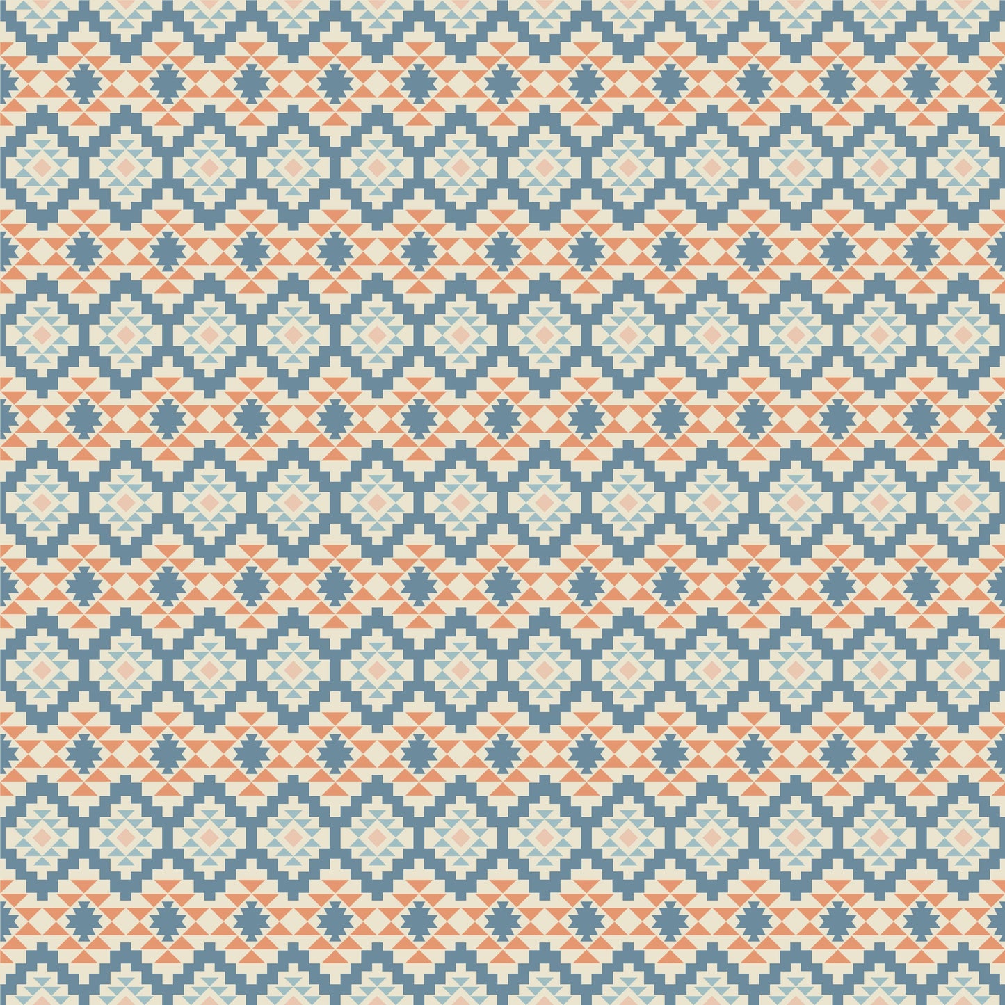 The Aztec Twilight pattern from HowdyHo showcases a vibrant and detailed Aztec-inspired print. The repeating geometric shapes in cool shades of blue are accented with warm orange touches, creating a visually striking design that evokes the beauty of twilight skies. This fabric design is perfect for adding a pop of color and cultural flair to any fashion collection.