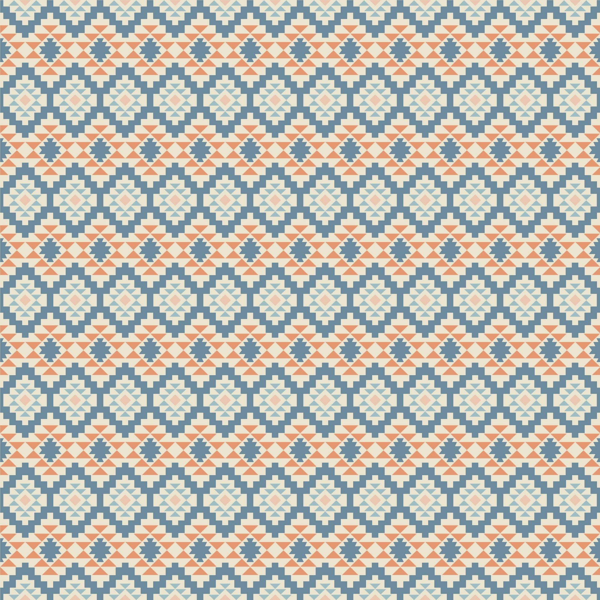 The Aztec Twilight pattern from HowdyHo showcases a vibrant and detailed Aztec-inspired print. The repeating geometric shapes in cool shades of blue are accented with warm orange touches, creating a visually striking design that evokes the beauty of twilight skies. This fabric design is perfect for adding a pop of color and cultural flair to any fashion collection.