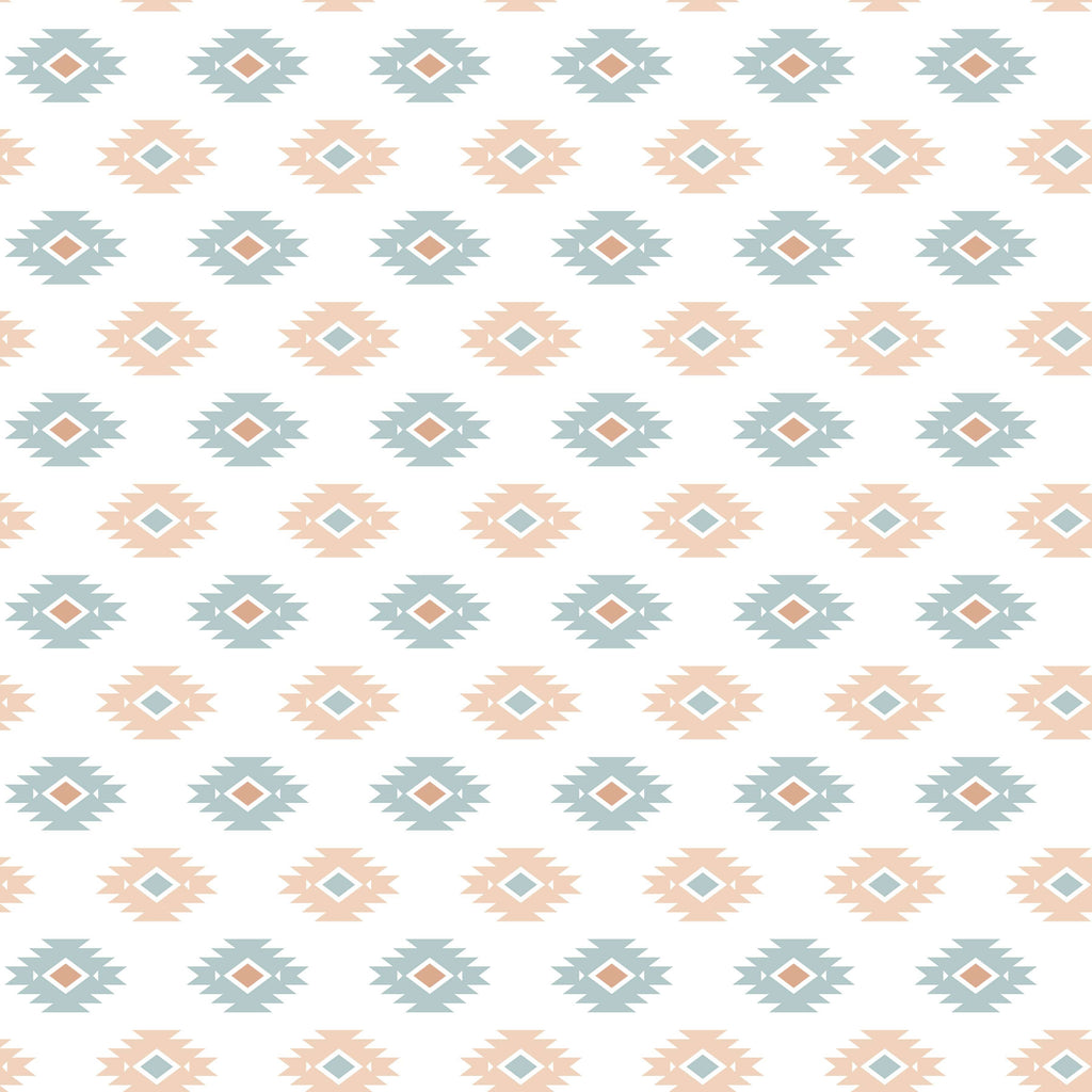 Seamless pattern showcasing azure and beige geometric motifs on a white background, from the 'Azure Earthshine' collection on howdy-ho.com. The repetitive diamond-shaped design with sunburst accents offers a visually appealing texture that conveys a sense of elegance and contemporary style. This detailed image is intended to provide online shoppers with a close-up view of the fabric pattern used for the shirts in the collection, highlighting the quality and aesthetic appeal.