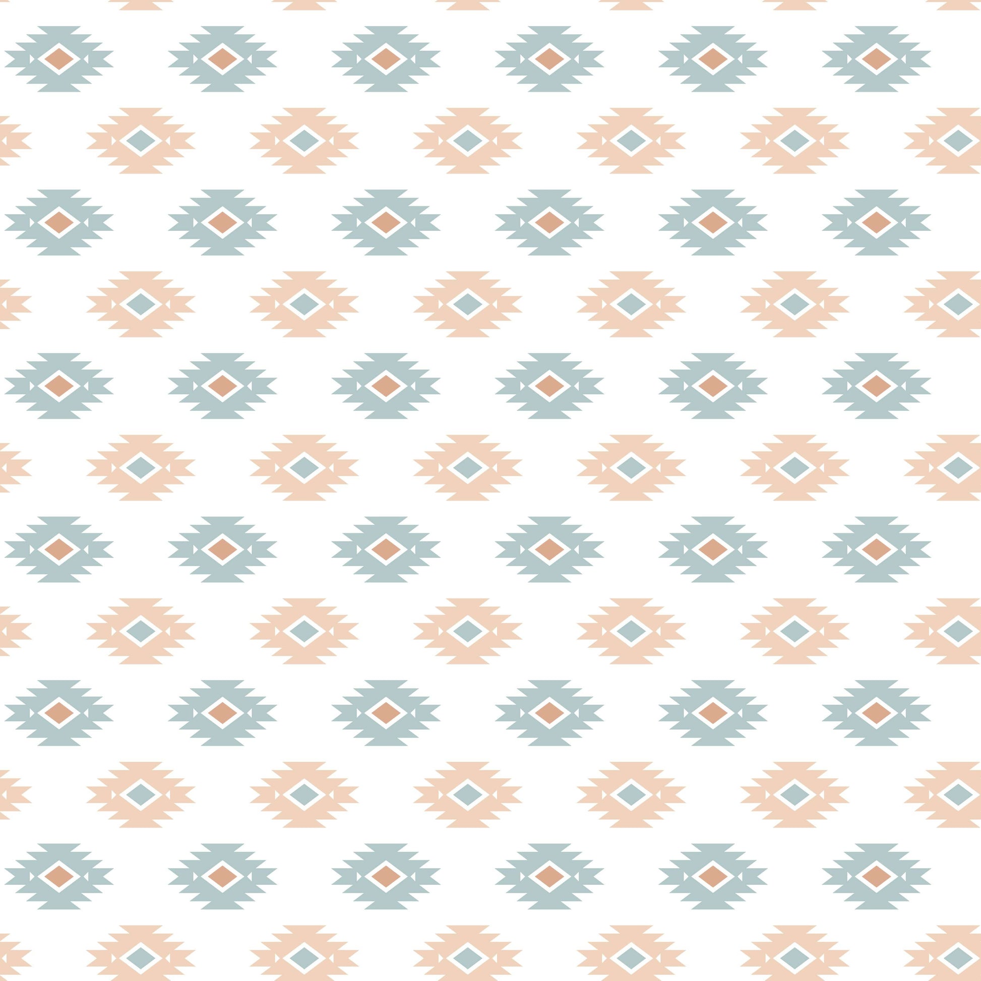 Seamless pattern showcasing azure and beige geometric motifs on a white background, from the 'Azure Earthshine' collection on howdy-ho.com. The repetitive diamond-shaped design with sunburst accents offers a visually appealing texture that conveys a sense of elegance and contemporary style. This detailed image is intended to provide online shoppers with a close-up view of the fabric pattern used for the shirts in the collection, highlighting the quality and aesthetic appeal.
