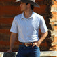 A model wearing the Howdy-Ho Arctic Sky Arrows shirt, styled with dark jeans, demonstrating the shirt's fit and versatility for a casual, sharp look.