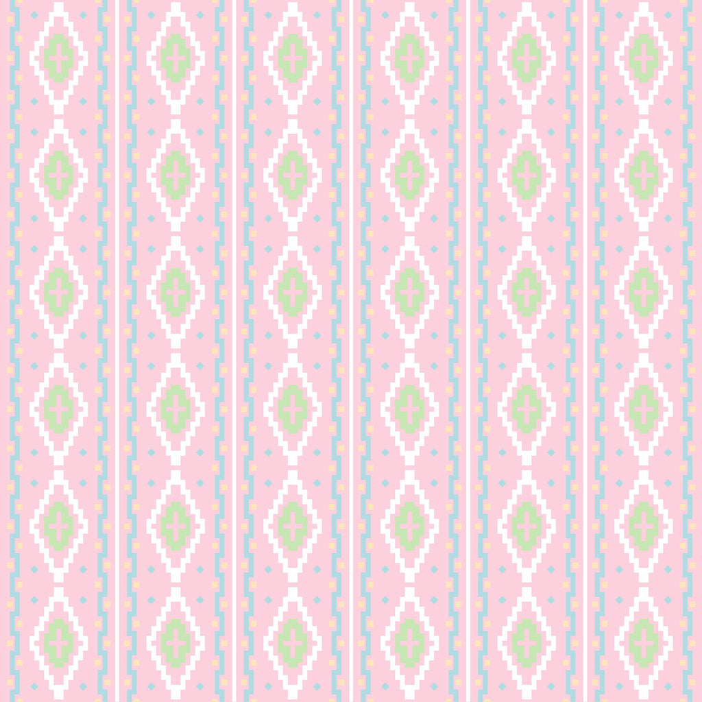 Detailed view of the Rose Quetzal fabric from HowdyHo, displaying a charming vertical striped pattern with delicate diamond and floral motifs in soft pink, green, and white hues, set against a pale pink background. This textile pattern exudes a vintage-inspired charm, ideal for a unique and fashionable clothing piece.