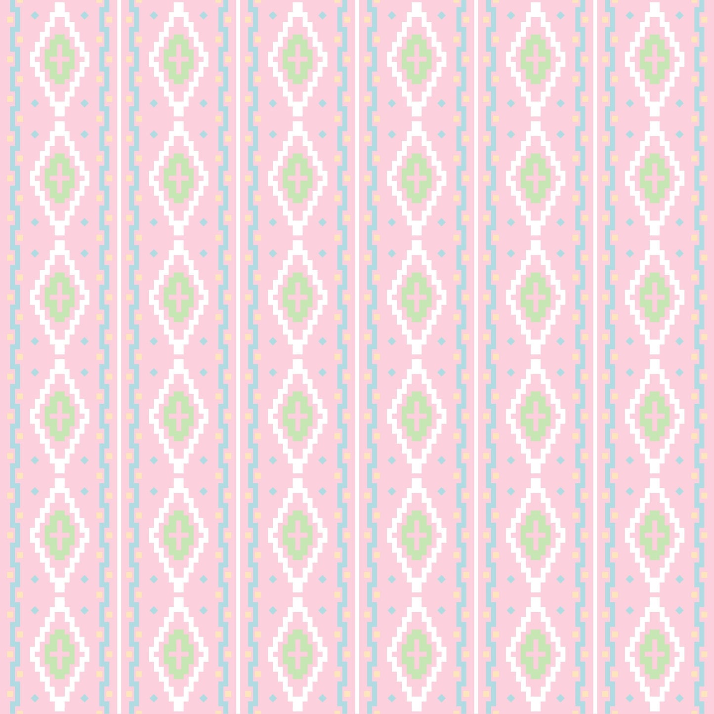 Detailed view of the Rose Quetzal fabric from HowdyHo, displaying a charming vertical striped pattern with delicate diamond and floral motifs in soft pink, green, and white hues, set against a pale pink background. This textile pattern exudes a vintage-inspired charm, ideal for a unique and fashionable clothing piece.