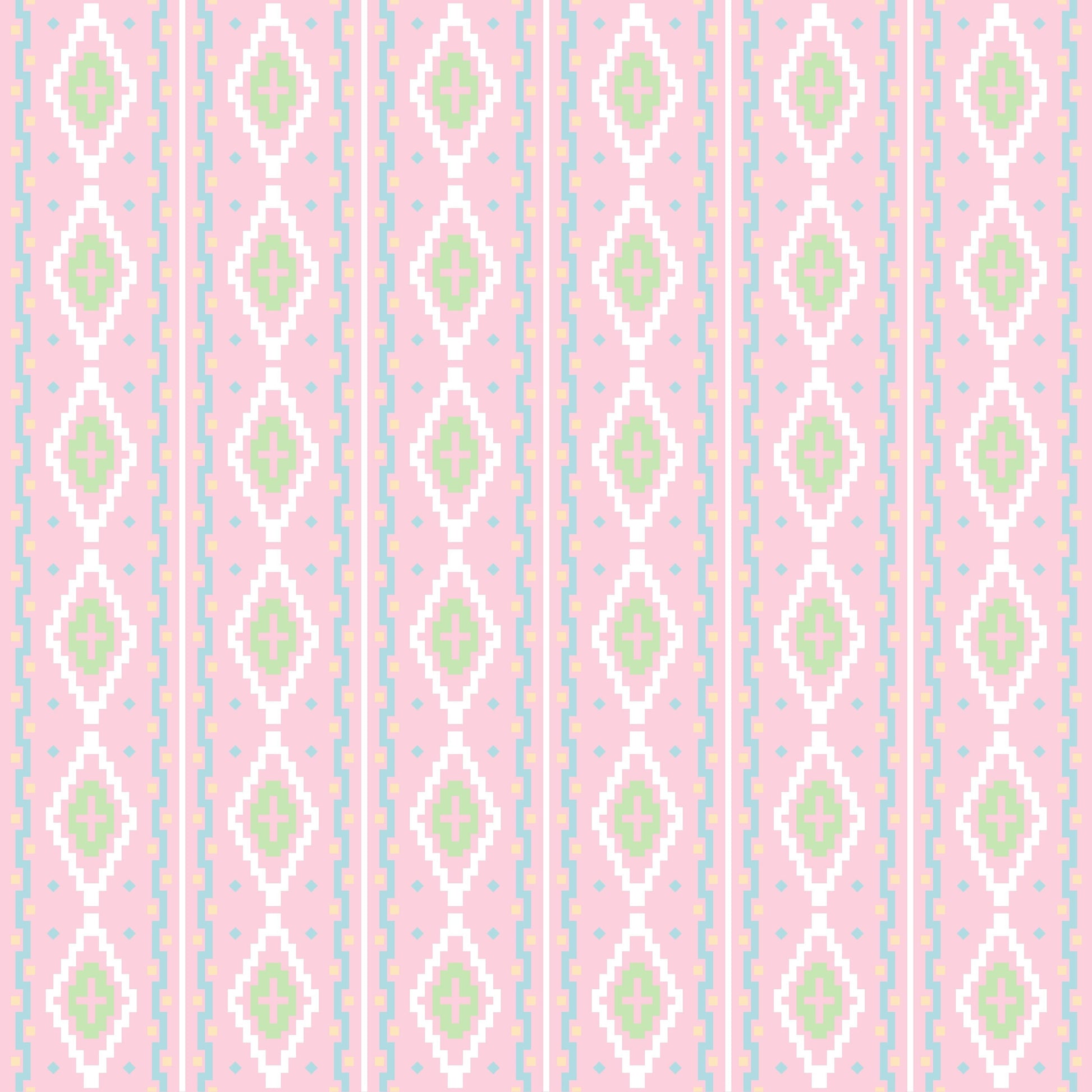 Detailed view of the Rose Quetzal fabric from HowdyHo, displaying a charming vertical striped pattern with delicate diamond and floral motifs in soft pink, green, and white hues, set against a pale pink background. This textile pattern exudes a vintage-inspired charm, ideal for a unique and fashionable clothing piece.