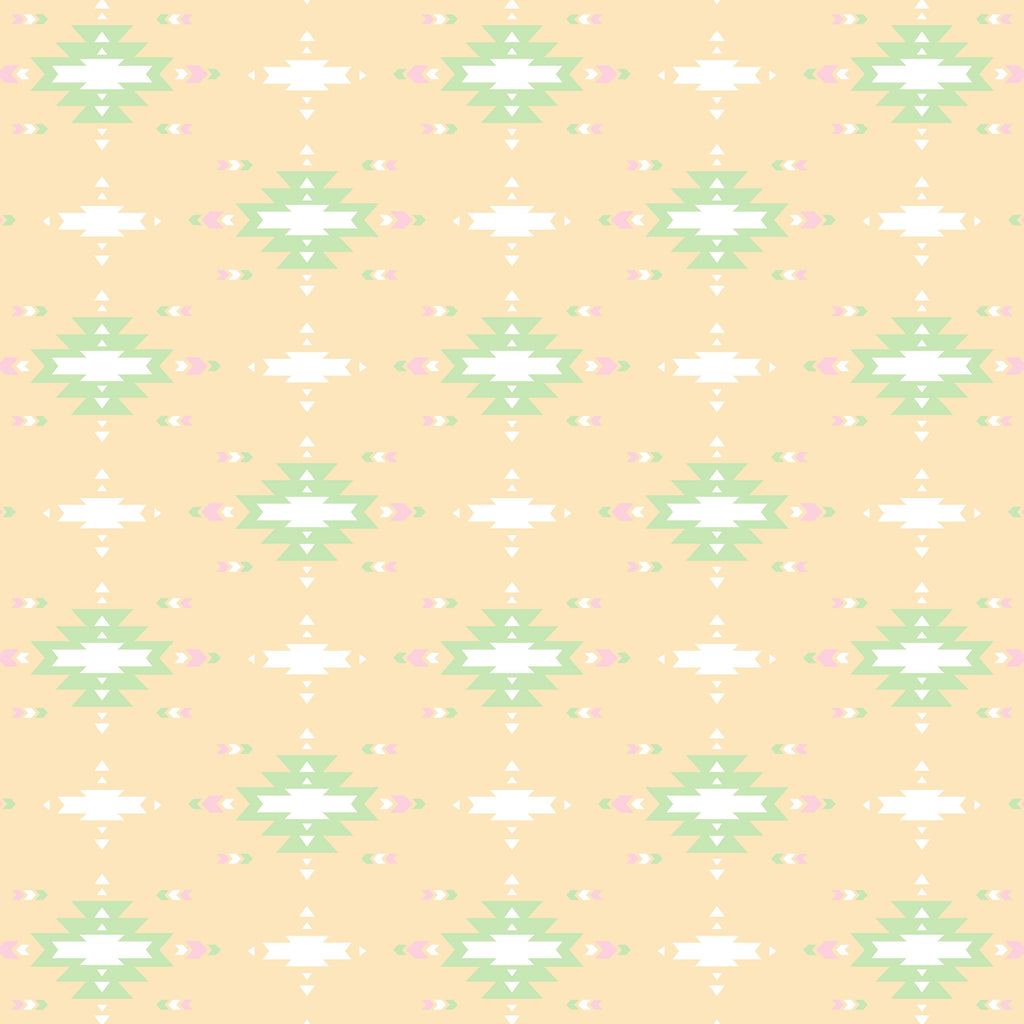 A repeating pattern from the HowdyHo Sunrise Serenity collection featuring geometric shapes in shades of green, white, and peach on a warm beige background. The design is symmetrical and structured, offering a sense of serenity and balance, perfect for a sophisticated garment that makes a subtle yet stylish statement.