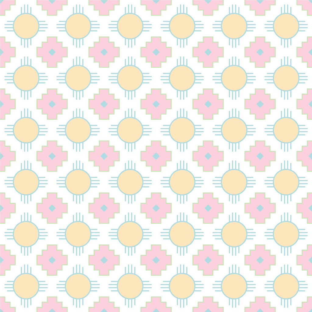 The Sunset Crossroads pattern from HowdyHo displays an inviting array of soft pink crosses and radiant yellow suns on a gentle white background. This fabric design captures the soothing colors of a sunset, ideal for creating a tranquil and stylish garment suitable for the HowdyHo casual wear line.