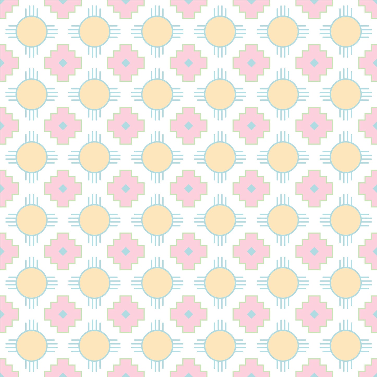 The Sunset Crossroads pattern from HowdyHo displays an inviting array of soft pink crosses and radiant yellow suns on a gentle white background. This fabric design captures the soothing colors of a sunset, ideal for creating a tranquil and stylish garment suitable for the HowdyHo casual wear line.