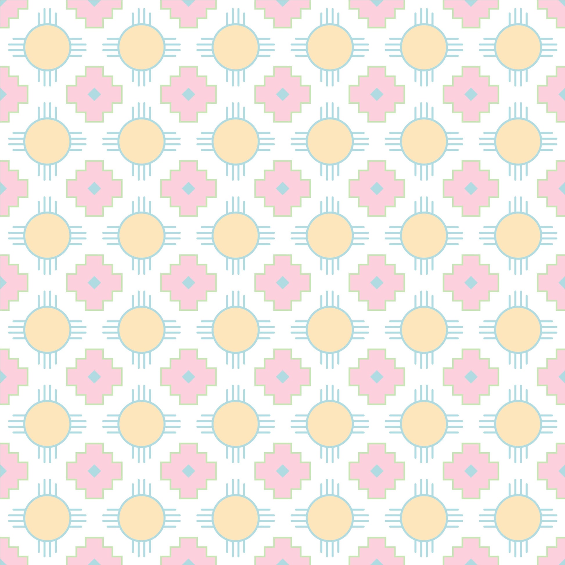 The Sunset Crossroads pattern from HowdyHo displays an inviting array of soft pink crosses and radiant yellow suns on a gentle white background. This fabric design captures the soothing colors of a sunset, ideal for creating a tranquil and stylish garment suitable for the HowdyHo casual wear line.